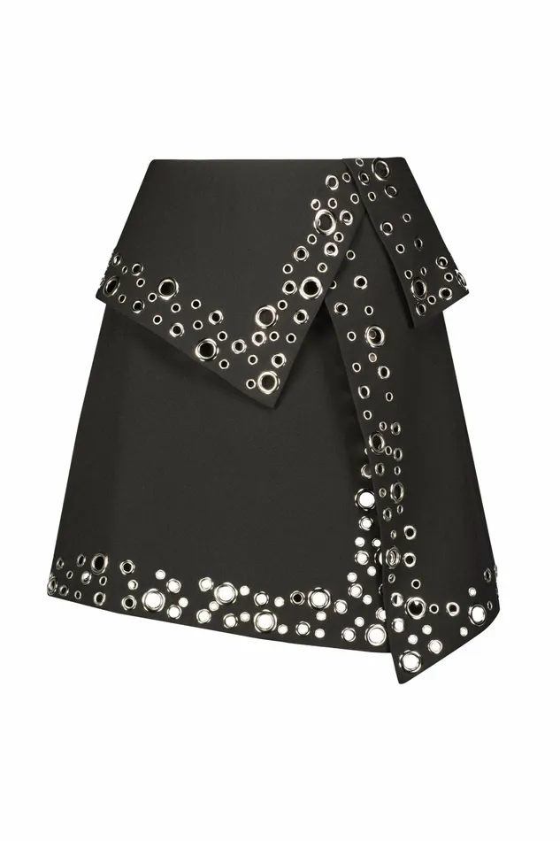Mac Duggal Crepe Grommet Mini Skirt Black Women Skirts