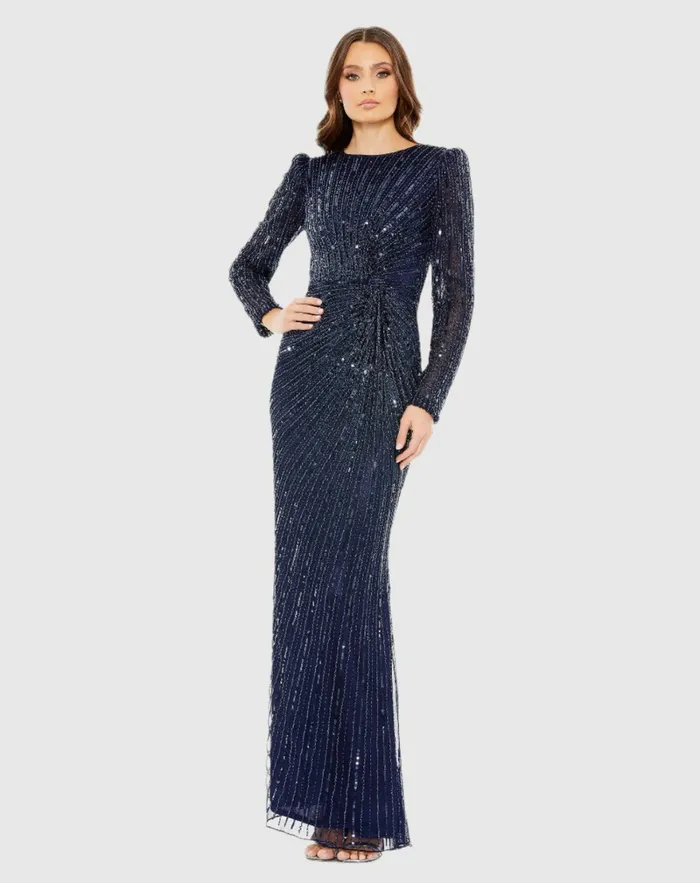Mac Duggal Evening Gowns Women Navy Embellished Puff Sleeve Side Knot Gown Navy Mac Duggal Evening Gowns Women Navy Embellished Puff Sleeve Side Knot Gown Navy