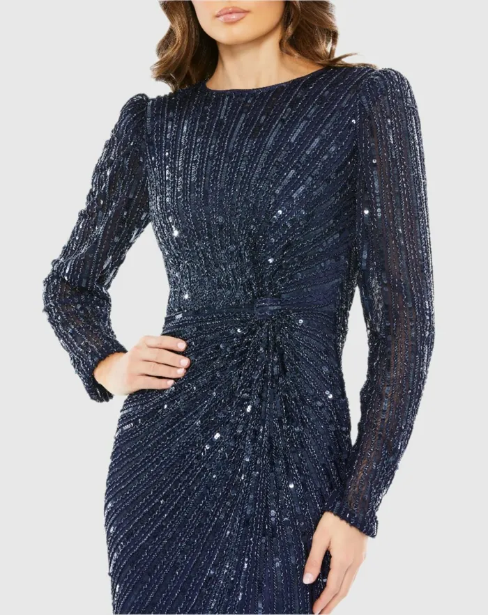 Mac Duggal Evening Gowns Women Navy Embellished Puff Sleeve Side Knot Gown Navy
