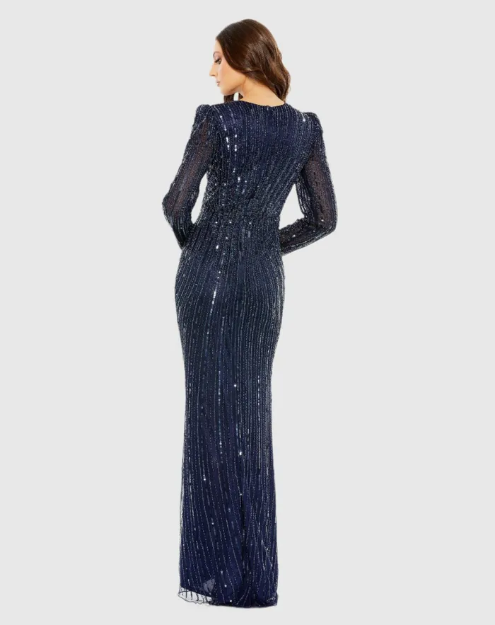 Mac Duggal Evening Gowns Women Navy Embellished Puff Sleeve Side Knot Gown Navy