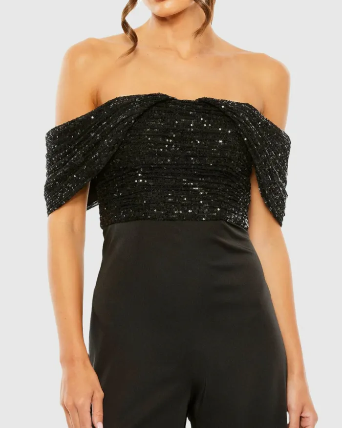 Mac Duggal Jumpsuits and Rompers Women Sequined Off The Shoulder Jumpsuit Black Mac Duggal Jumpsuits and Rompers Women Sequined Off The Shoulder Jumpsuit Black