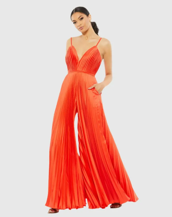 Mac Duggal Orange Pleated Plunge Neck Wide Leg Jumpsuit Tangerine Women Jumpsuits and Rompers Mac Duggal Orange Pleated Plunge Neck Wide Leg Jumpsuit Tangerine Women Jumpsuits and Rompers