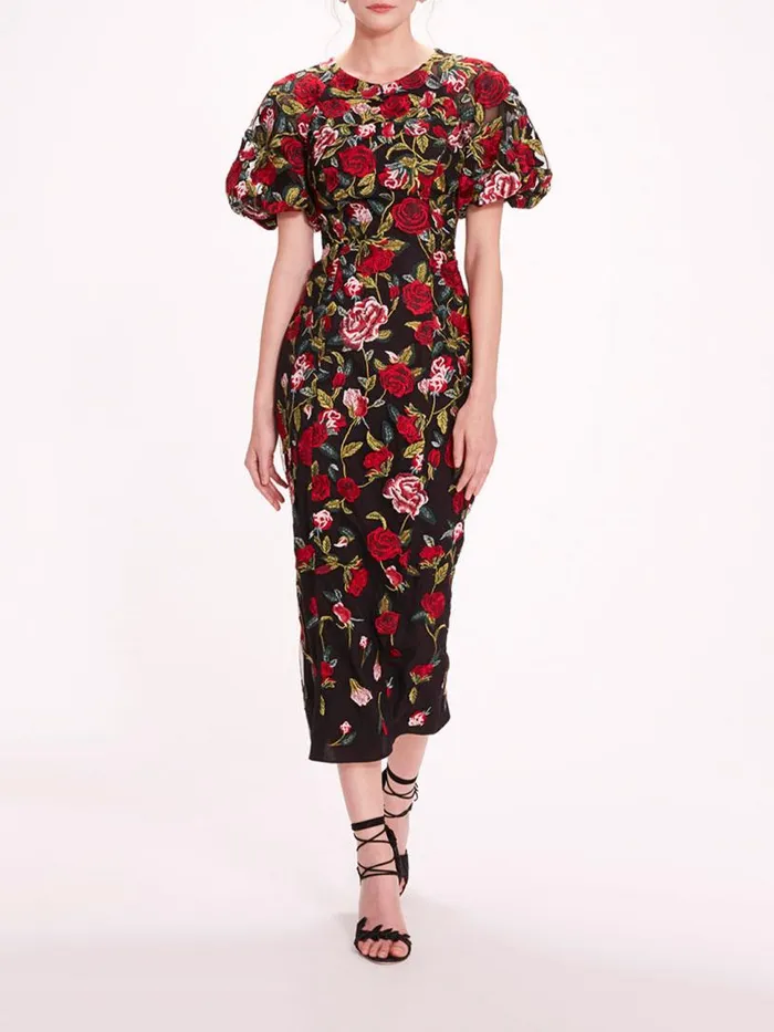 Marchesa Marchesa Notte Roses Tulle Midi Dress Black Red 8211 Women