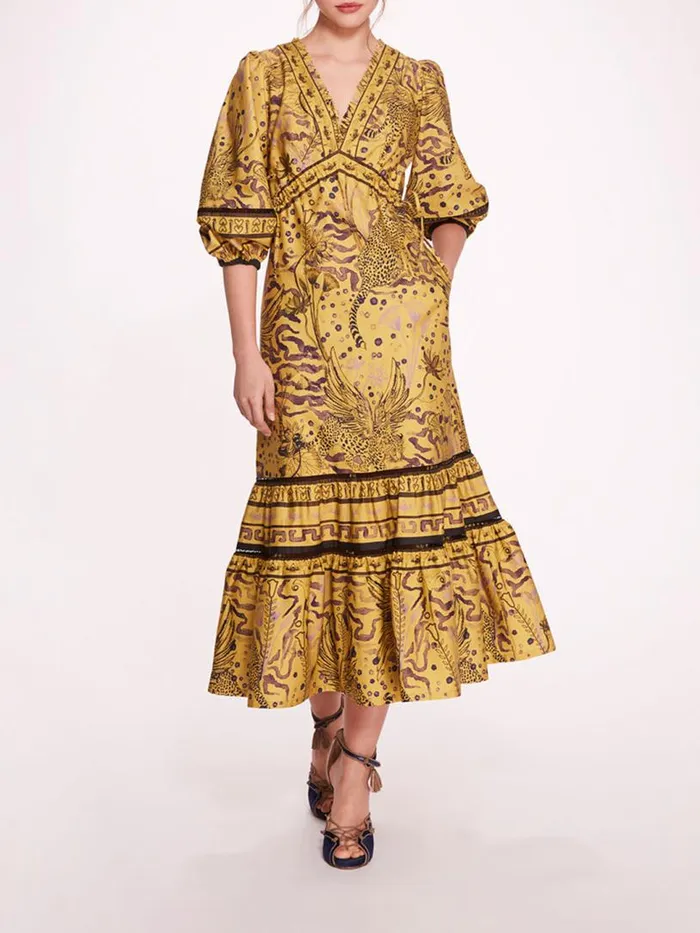 Marchesa Marchesa Rosa Flying Cheetah Tiered Midi Dress Yellow Multi 8211 Women