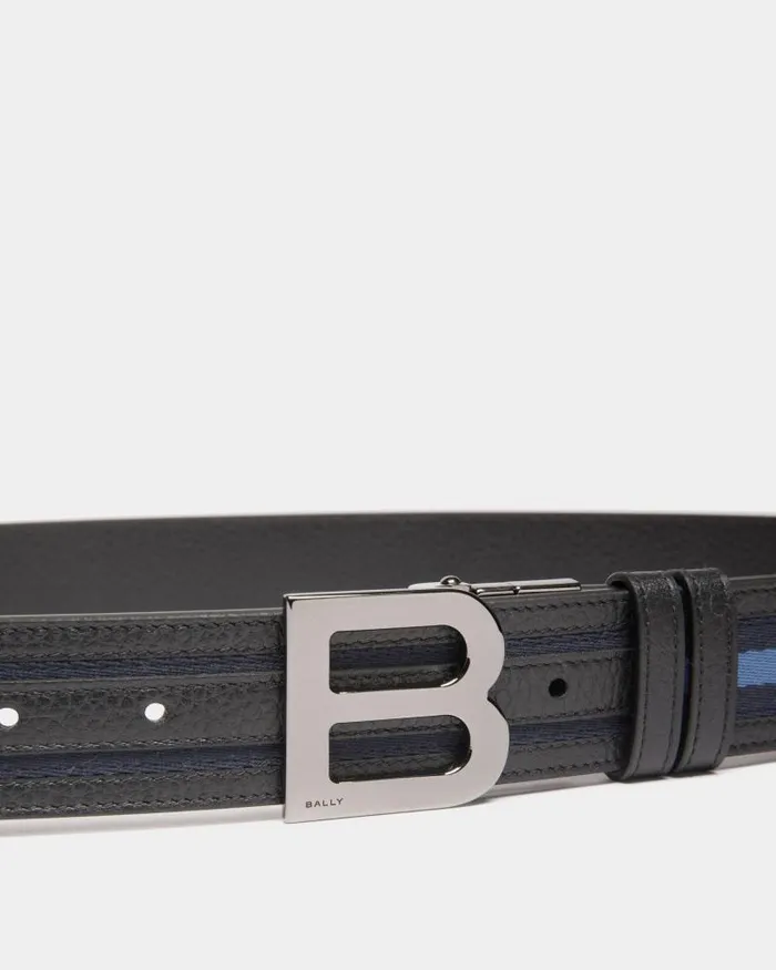 Men Bally Belts B Logo 35mm Reversible Belt In Navy Blue And Light Blue Fabric And Leather Multicolor Men Bally Belts B Logo 35mm Reversible Belt In Navy Blue And Light Blue Fabric And Leather Multicolor