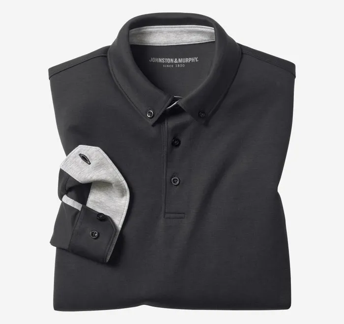 Men Johnston and Murphy Polos and Tees Liquid Cotton LongSleeve Polo Black