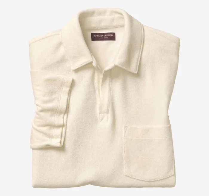 Men Johnston and Murphy Polos and Tees Terry Open Collar Polo Cream