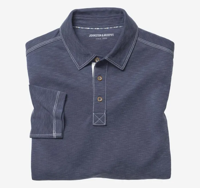 Men Johnston and Murphy Polos and Tees Vintage Slub LongSleeve Polo Navy
