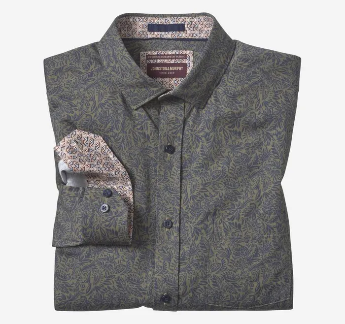 Men Johnston and Murphy Shirts Printed Cotton Shirt Olive Foliage