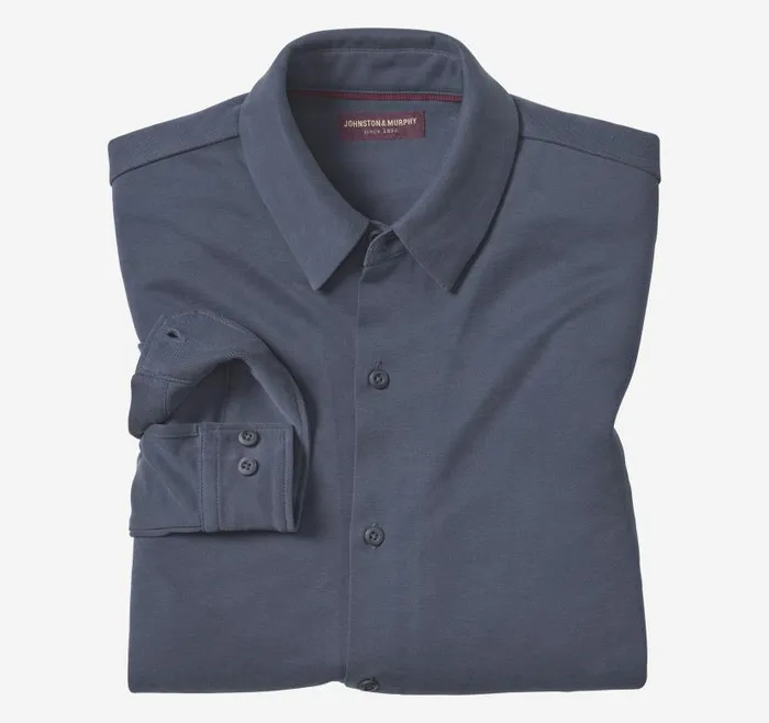 Men Johnston and Murphy Shirts Vintage Birdseye ButtonFront Navy