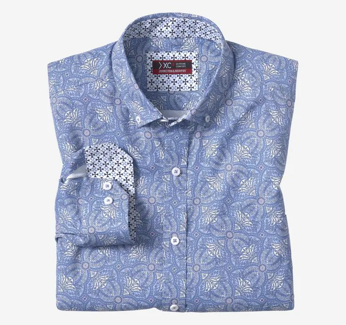 Men Johnston and Murphy Shirts XC4 LongSleeve StretchWoven Shirt Blue Filigree Print Men Johnston and Murphy Shirts XC4 LongSleeve StretchWoven Shirt Blue Filigree Print