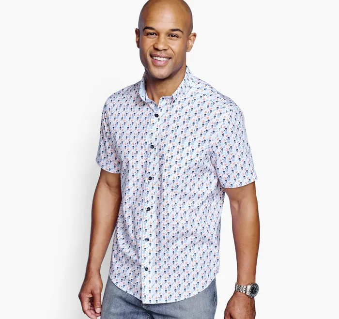 Men Johnston and Murphy ShortSleeve Shirts Printed Cotton ShortSleeve Shirt Blue Pirate