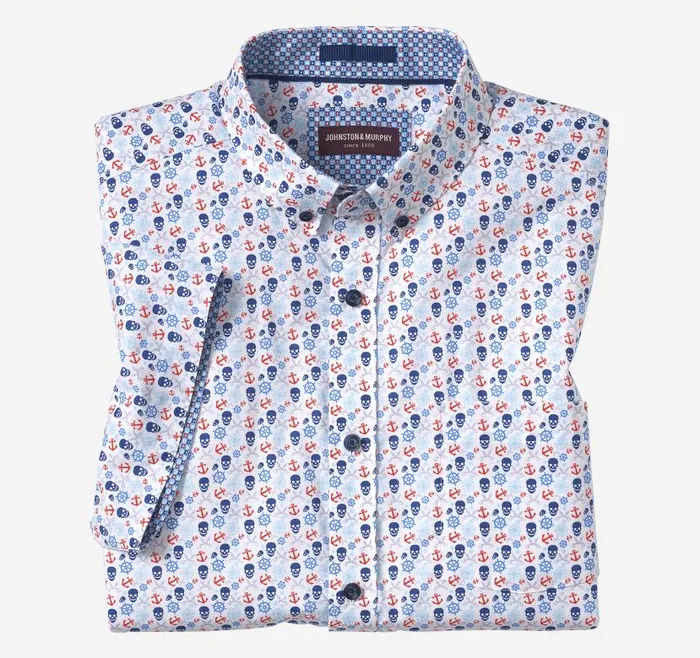 Men Johnston and Murphy ShortSleeve Shirts Printed Cotton ShortSleeve Shirt Blue Pirate