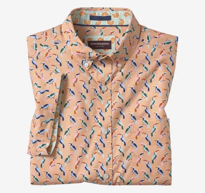 Men Johnston and Murphy ShortSleeve Shirts Printed Cotton ShortSleeve Shirt Melon Toucan