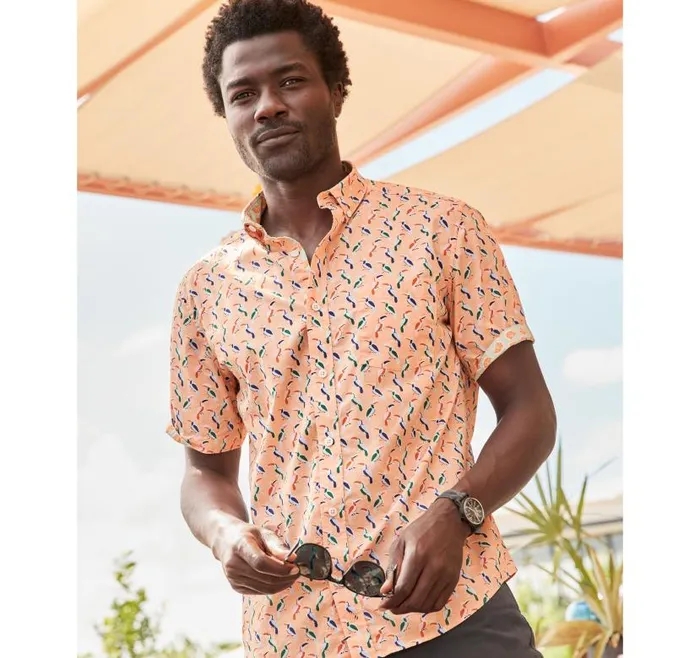 Men Johnston and Murphy ShortSleeve Shirts Printed Cotton ShortSleeve Shirt Melon Toucan