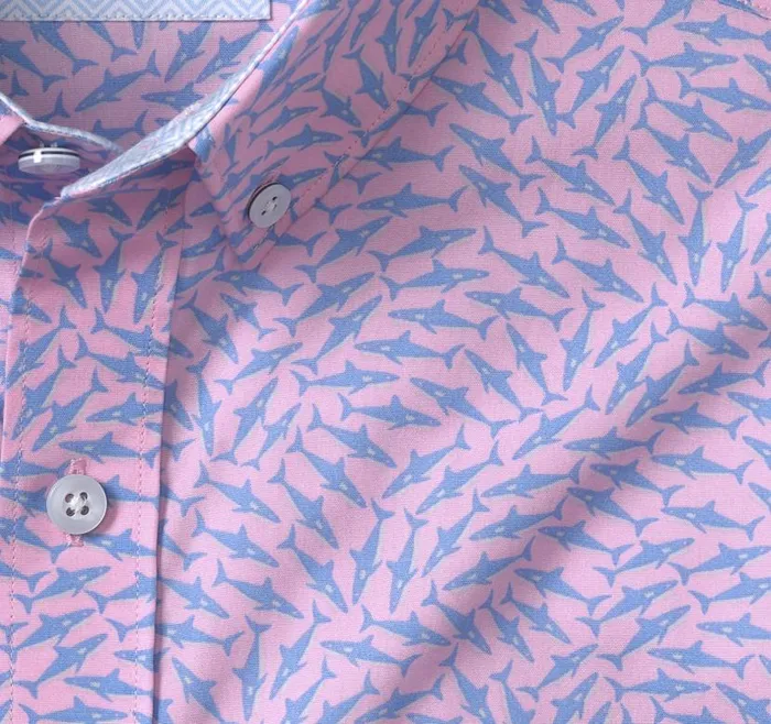 Men Johnston and Murphy ShortSleeve Shirts Printed Cotton ShortSleeve Shirt Pink Swarming Shark