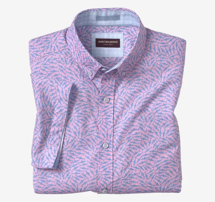 Men Johnston and Murphy ShortSleeve Shirts Printed Cotton ShortSleeve Shirt Pink Swarming Shark