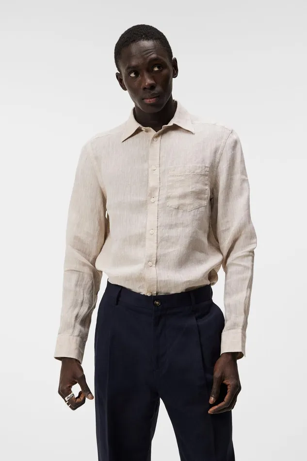 Men Linen Melange LS Slim Shirt Safari Beige JLindeberg Shirts