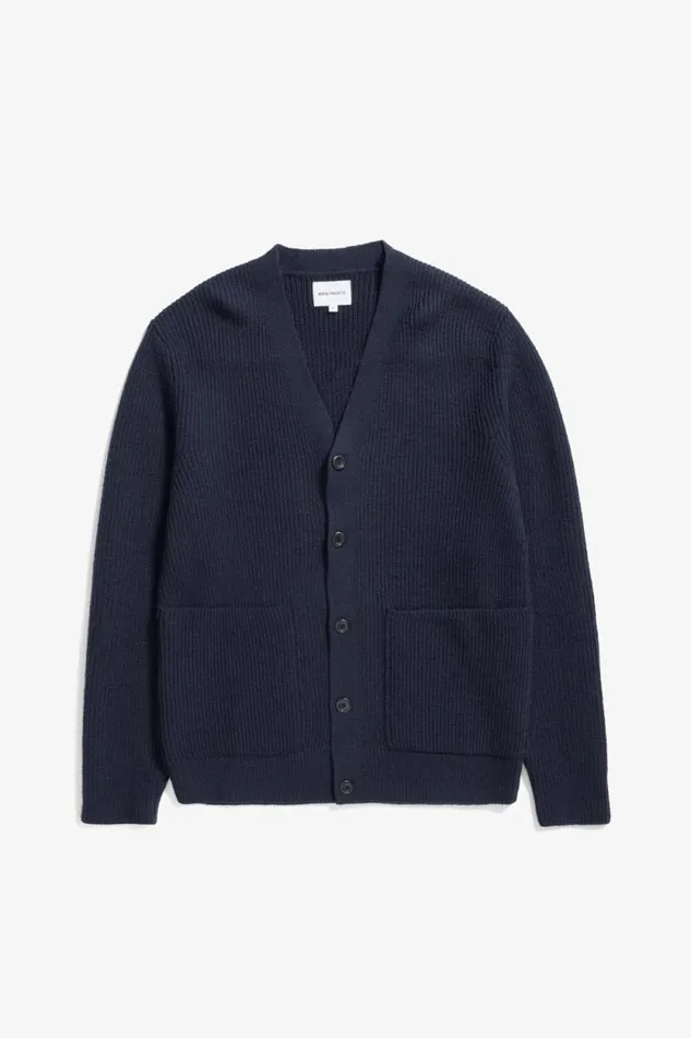 Men Loki Wool Cotton Rib Cardigan Dark Navy Norse Projects Knitwear