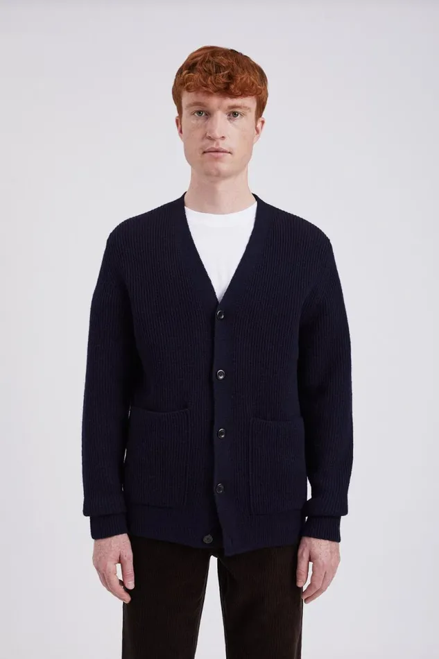 Men Loki Wool Cotton Rib Cardigan Dark Navy Norse Projects Knitwear