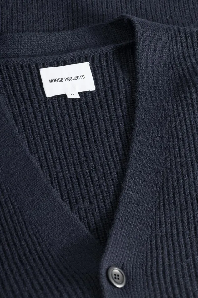 Men Loki Wool Cotton Rib Cardigan Dark Navy Norse Projects Knitwear