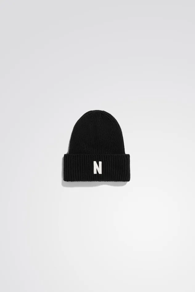 Men Merino Lambswool Rib N Logo Beanie Black Norse Projects Beanies