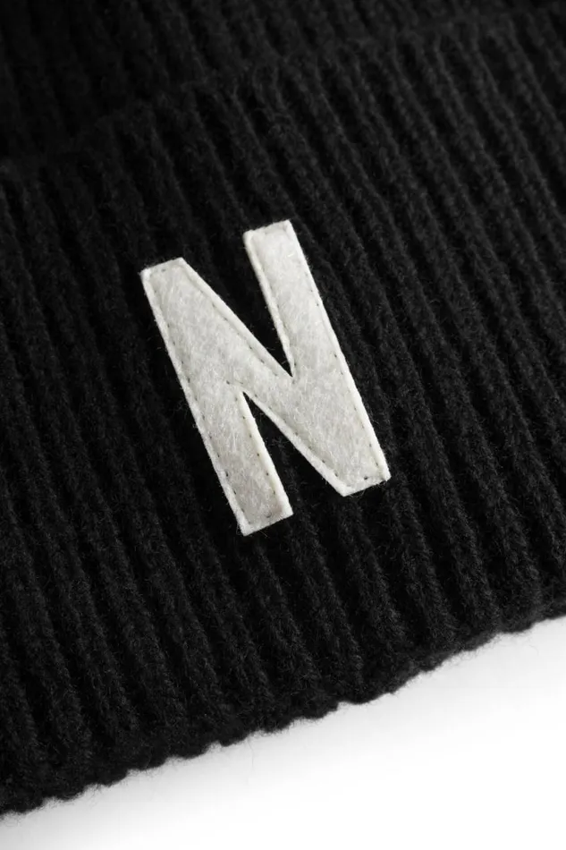 Men Merino Lambswool Rib N Logo Beanie Black Norse Projects Beanies
