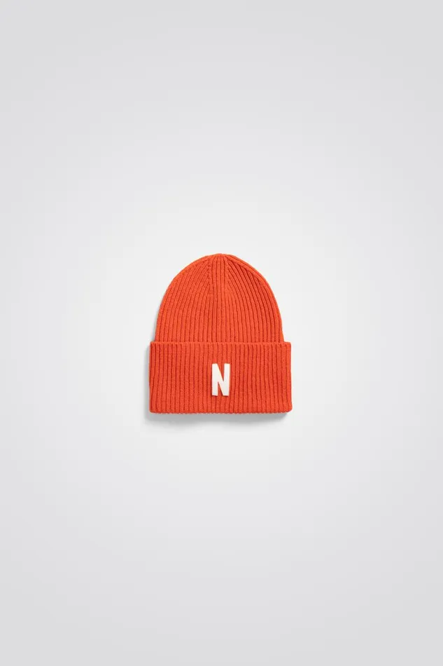Men Merino Lambswool Rib N Logo Beanie Blood Orange Norse Projects Beanies