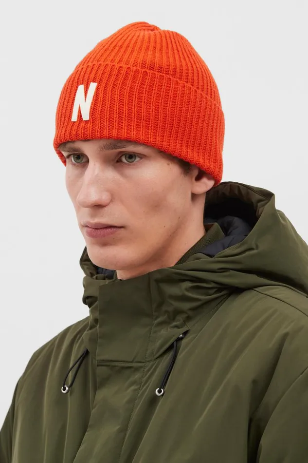 Men Merino Lambswool Rib N Logo Beanie Blood Orange Norse Projects Beanies