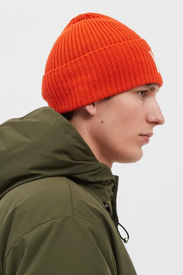 Men Merino Lambswool Rib N Logo Beanie Blood Orange Norse Projects Beanies