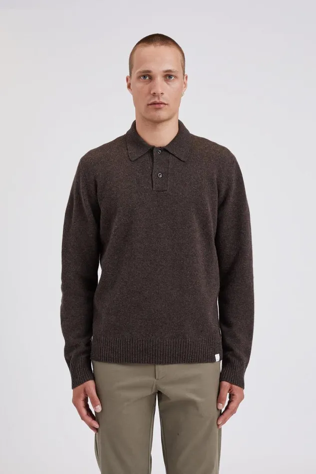 Men Norse Standard Merino Lambswool Polo Heathland Brown Norse Projects Knitwear