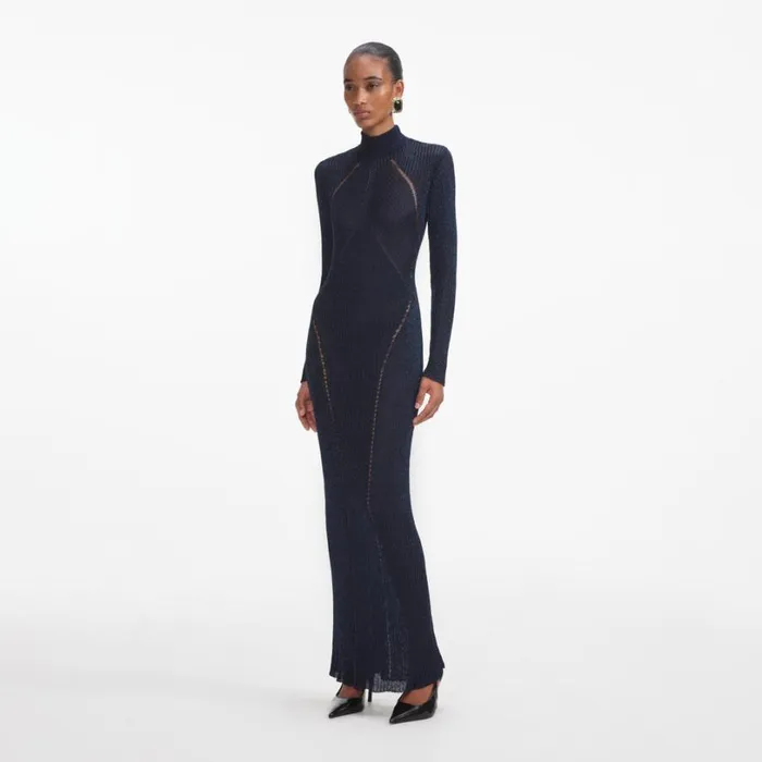 Navy Lurex Knit Maxi Dress Women Self Portrait Dresses