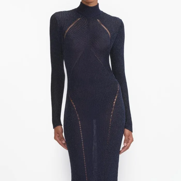 Navy Lurex Knit Maxi Dress Women Self Portrait Dresses