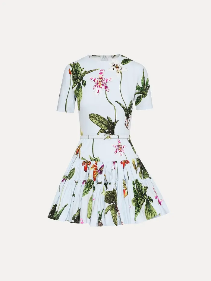 Orchid Cotton Poplin Mini Dress Light Blue Multi Women Oscar De La Renta Dresses