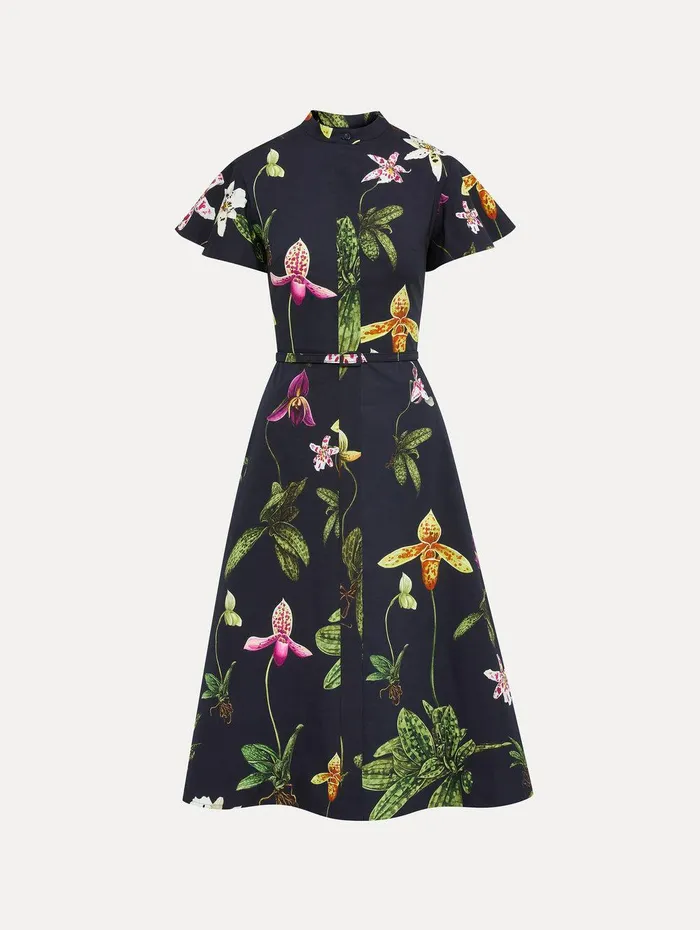 Orchid Cotton Poplin Short Sleeve Dress Navy Multi Women Oscar De La Renta Dresses