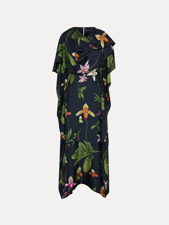 Orchid Silk Twill Caftan Navy Multi Women Oscar De La Renta Gowns and Caftans Orchid Silk Twill Caftan Navy Multi Women Oscar De La Renta Gowns and Caftans