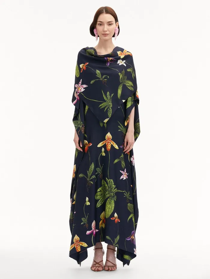 Orchid Silk Twill Caftan Navy Multi Women Oscar De La Renta Gowns and Caftans Orchid Silk Twill Caftan Navy Multi Women Oscar De La Renta Gowns and Caftans
