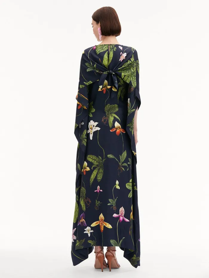 Orchid Silk Twill Caftan Navy Multi Women Oscar De La Renta Gowns and Caftans Orchid Silk Twill Caftan Navy Multi Women Oscar De La Renta Gowns and Caftans