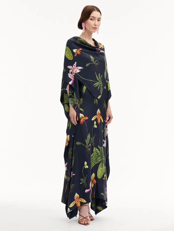 Orchid Silk Twill Caftan Navy Multi Women Oscar De La Renta Gowns and Caftans Orchid Silk Twill Caftan Navy Multi Women Oscar De La Renta Gowns and Caftans