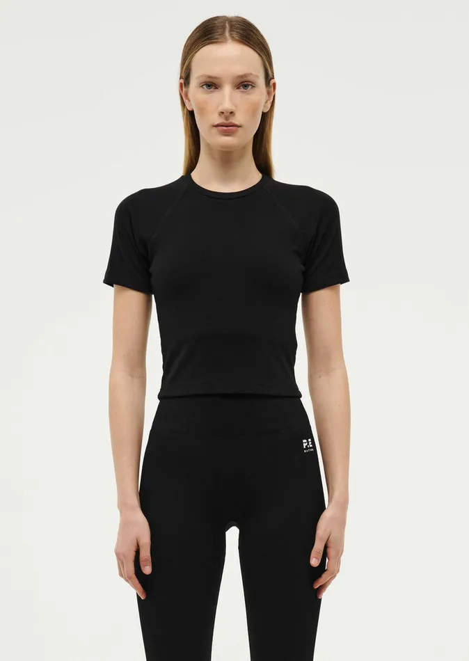 PE Nation Baseline Women FREE PLAY SHORT SLEEVE RIB TEE IN BLACK