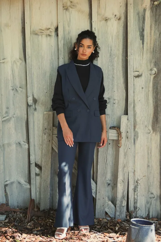 Pants Mac Duggal Women Navy Classic Crepe Flared Trouser Pant 8211 FINAL SALE Navy