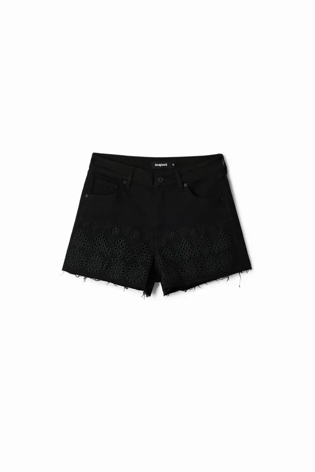 Pants Women Desigual Embroidered Denim Shorts Black