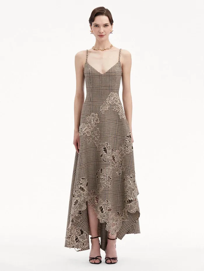 Peony Guipure Appliqu Plaid VNeck Dress Cocoa Multi Women Oscar De La Renta Dresses