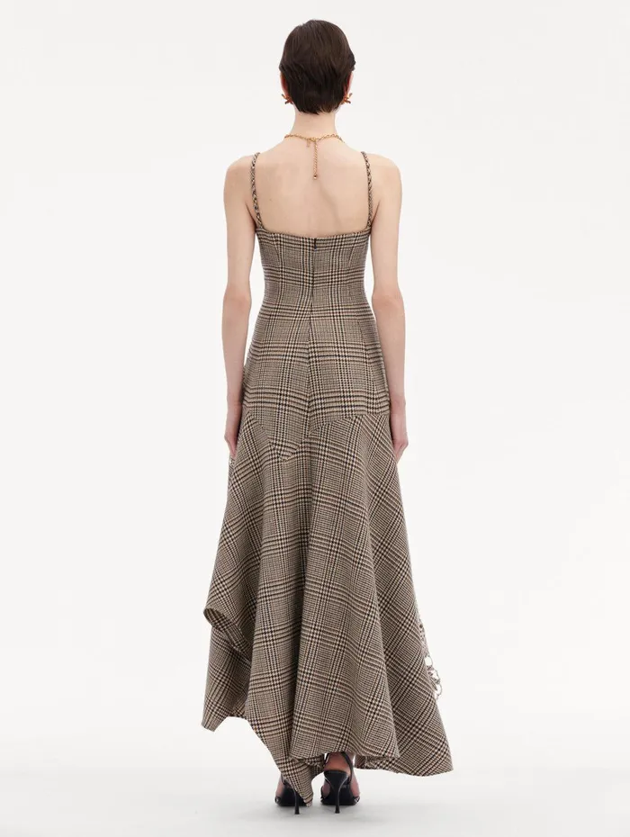 Peony Guipure Appliqu Plaid VNeck Dress Cocoa Multi Women Oscar De La Renta Dresses