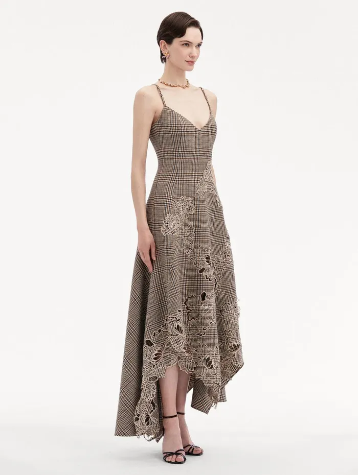Peony Guipure Appliqu Plaid VNeck Dress Cocoa Multi Women Oscar De La Renta Dresses
