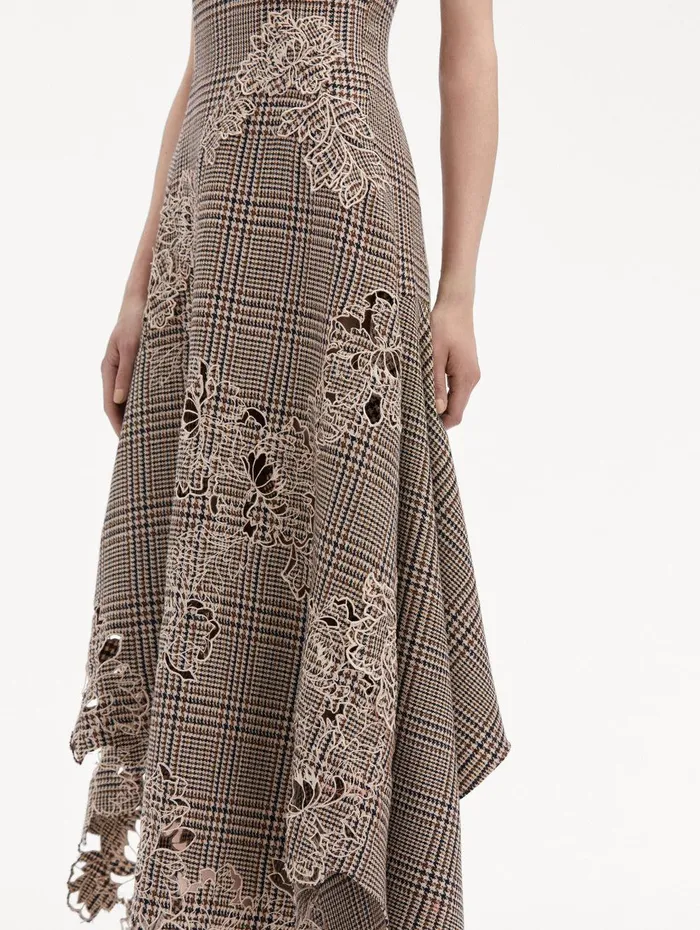 Peony Guipure Appliqu Plaid VNeck Dress Cocoa Multi Women Oscar De La Renta Dresses