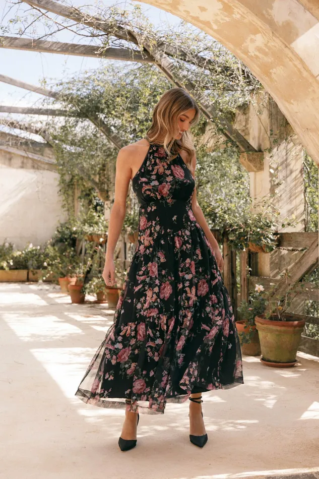 Petal and Pup Eden Maxi Dress Black Floral Women Winter Dresses