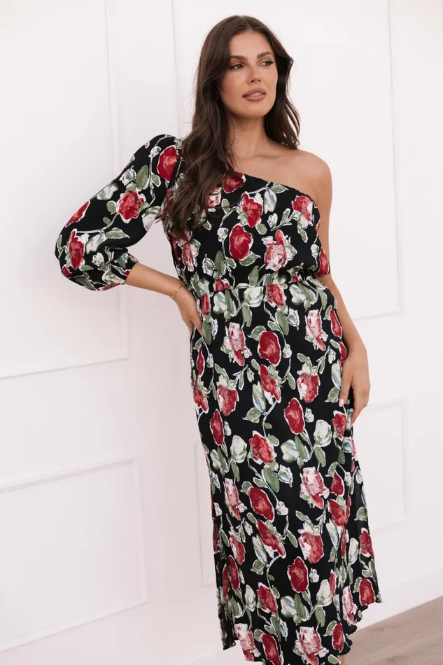 Petal and Pup Pontee One Shoulder Pleated Midi Dress Black Rose Print Women Dresses Petal and Pup Pontee One Shoulder Pleated Midi Dress Black Rose Print Women Dresses