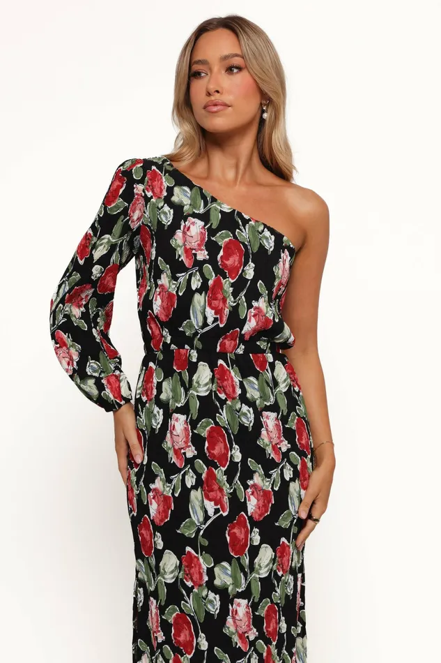 Petal and Pup Pontee One Shoulder Pleated Midi Dress Black Rose Print Women Dresses