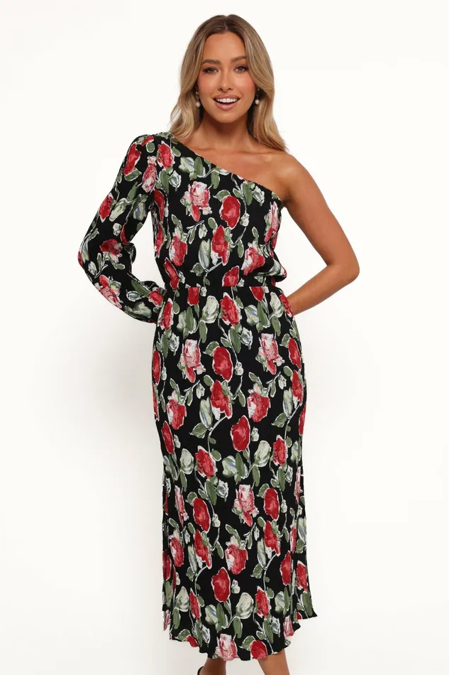 Petal and Pup Pontee One Shoulder Pleated Midi Dress Black Rose Print Women Dresses